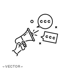 announce information icon, communication from loudspeaker, speech for public, propaganda from megaphone, thin line symbol isolated on white background, eps 10 vector