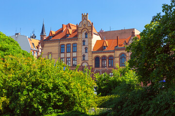 Facade of an old colorful house in the center of Poznan