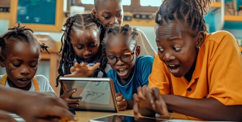 Excited children using tablet in classroom, enjoying educational content and activities together