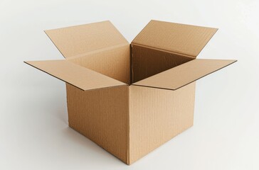 A clean, open brown cardboard box sits isolated against a crisp white background, ideal for shipping, storage, packaging, and ecommerce visuals, emphasizing simplicity and versatility in design