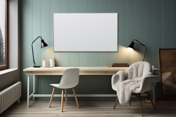Fototapeta premium Working room with blank white poster for mockup, interior design inspiration, trendy home decor ideas, and minimalist aesthetic