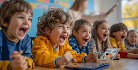 Group of excited children enjoying classroom activities with digital tablets