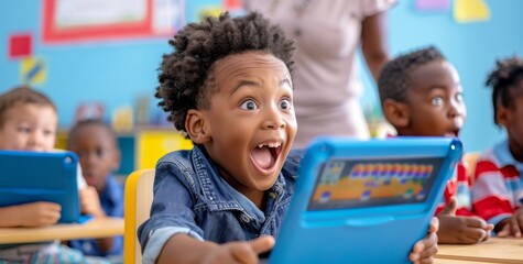 Excited children using tablets in elementary classroom with teacher present