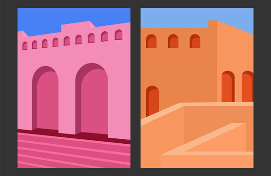 Abstract architecture in the Mediterranean style. Minimalist building design. Template for posters, prints, interior design and creative ideas