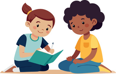 Children Reading and Learning Together on the Floor