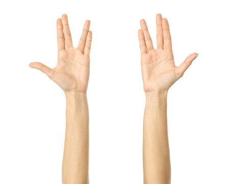 Vulcan Salute. Multiple images set of female caucasian hand with french manicure showing Vulcan Salute gesture