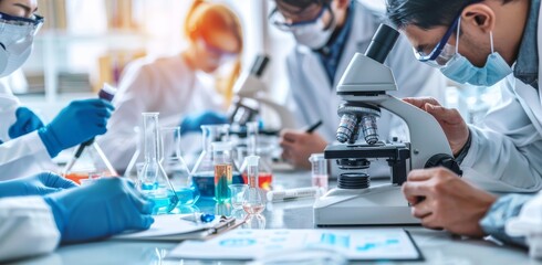 Scientists working in a laboratory conducting experiments and research with microscopes and test tubes