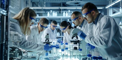Group of scientists collaborating on research in a modern laboratory