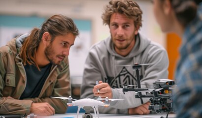 Group of students learning about drone technology in a classroom setting