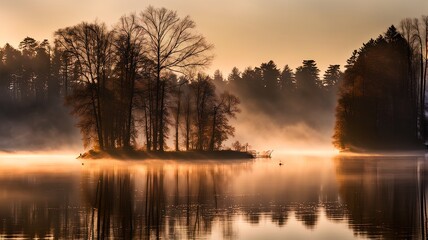 Fototapeta premium Early morning foggy lakeside, Generative AI