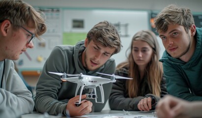 Students and teacher examining a drone in a classroom setting for hands-on education