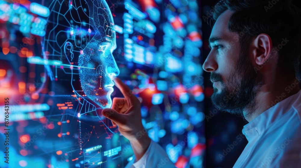 Poster man working with futuristic virtual human interface displaying holographic data in high-tech setting