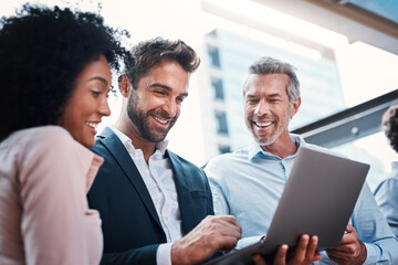 Business people, laptop and laughing for research in collaboration for funny website review or...