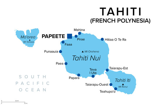 Tahiti, French Polynesia, political map. Largest island of the Windward group of the Society Islands, with capital Papeete. Overseas collectivity of France, located in the South Pacific Ocean. Vector