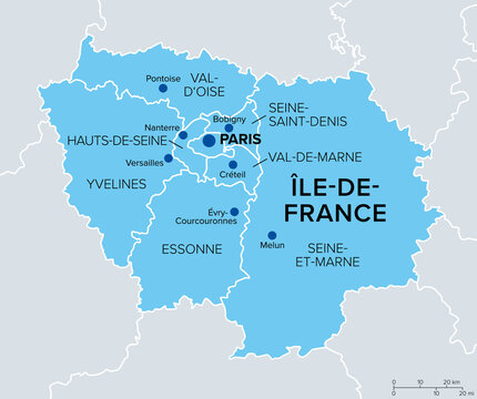 Ile-de-France, departments and prefectures of the Paris Region, political map. Most populous of the regions of France, centered on the capital Paris, located in the north-central part of the country.