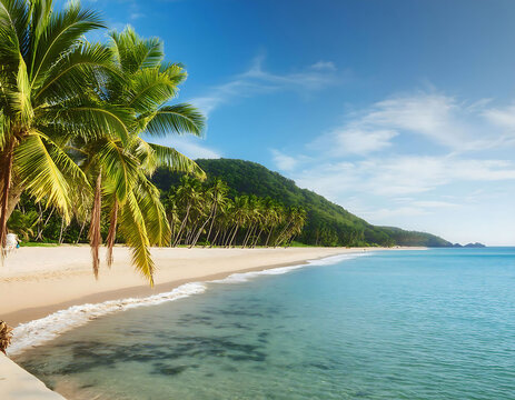 Sandy beach lined with palm trees under a sunny blue sky.