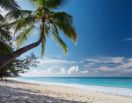 Sandy Beach Lined with Palm Trees Under a Sunny Blue Sky