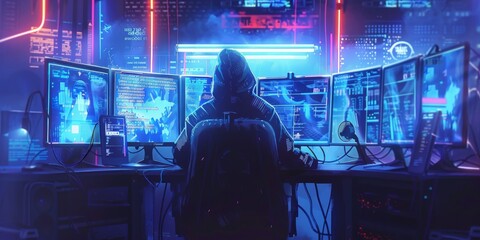 Obraz premium Hacker in a dark hoodie working at a high-tech workstation with multiple monitors in low light