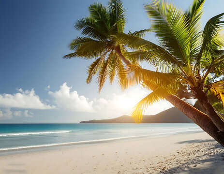 Sandy Beach Lined with Palm Trees Under a Sunny Blue Sky