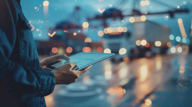 A logistics manager who uses a tablet to track shipments by various modes of transport, including trucks, ships and airplanes.