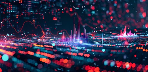 Obraz premium A dynamic 3D landscape of glowing data points, lines, and waveforms illustrates the complexity and interconnectedness of information in the digital age.