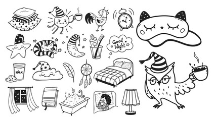 Bedtime sleep vector line art hand drawn illustrations collection