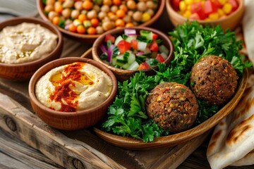 Close-up of a Middle Eastern diet lunch with tabbouleh, hummus, falafel, and fresh pita bread, showcasing regional and healthy choices