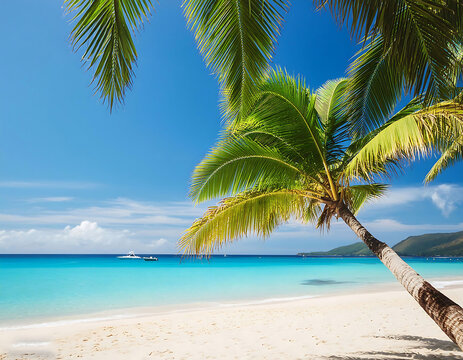 Sandy Beach Lined with Palm Trees Under a Sunny Blue Sky