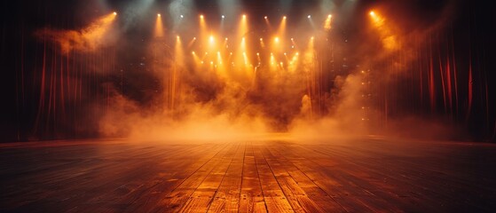 Fototapeta premium Lit stage with vibrant, colorful lights and smoky atmosphere, perfect for performance, theater, or concert background and artistic events.