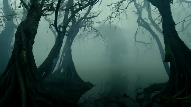 Mysterious foggy forest with ancient trees and mist