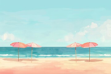 Fototapeta premium Serene Beachfront with Pastel Umbrellas - Minimalist Vacation Escape | Tranquil Coastal Getaway Illustration for Posters