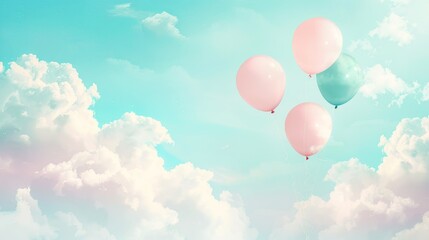 Fototapeta premium a dreamy pastel background with fluffy clouds and pastel balloons, providing a whimsical stage for baby products.