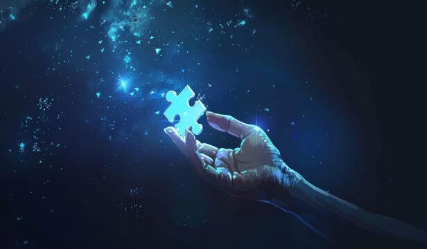 Hand holding puzzle piece in galaxy, symbolizing solving, connection, and mystery