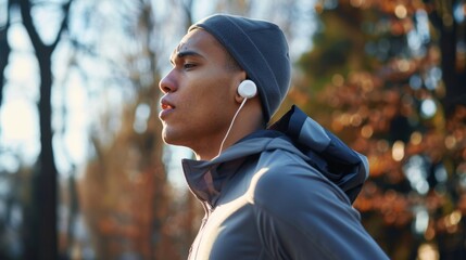 A person using wireless headphones to listen to a podcast or music while jogging outdoors, on a simple background with enough space for text.
