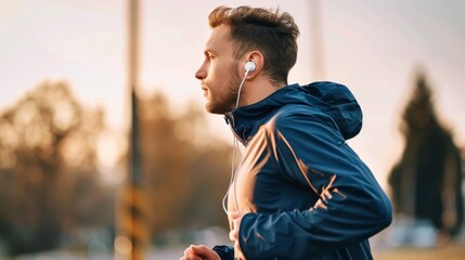 A person using wireless headphones to listen to a podcast or music while jogging outdoors, on a simple background with enough space for text.