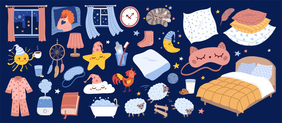 Good night vector hand drawn illustrations collection. Bedtime sleeping hygiene objects, characters and accessories