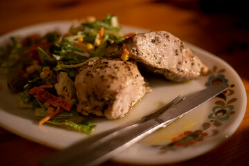 Mediterranean style grilled chicken with salad.Succulent,juicy and delicous food