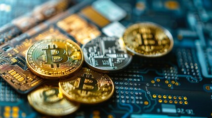 Close-up shot of cryptocurrency coins like Bitcoin and Litecoin on computer motherboard, showcasing digital currency and blockchain technology.