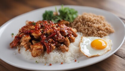 Stir Fried Chili Paste Chicken with Rice Fried eggs in white plate on wooden table