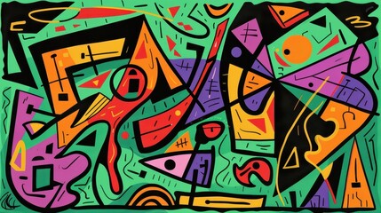 Vibrant, abstract painting featuring a multitude of geometric shapes and bold colors such as black, green, yellow, red, purple, and orange