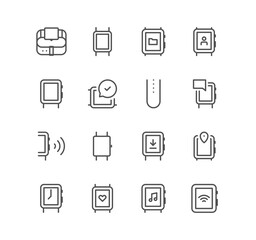 Set of smart watch and technology icons, wearable, time, wireless, heart beat, music, navigation and linear variety vectors.	
