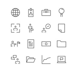 Set of business and finance icons, target, check, presentation, mail, magnifying glass and linear variety vectors.	
