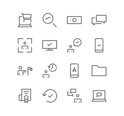 Set of business and digital marketing icons, laptop, target, chart, money, check, approve, finance, chat and linear variety vectors.	
