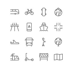Set of vehicle and transportation icons, travel, bike, rail, car, transit and linear variety vectors.	
