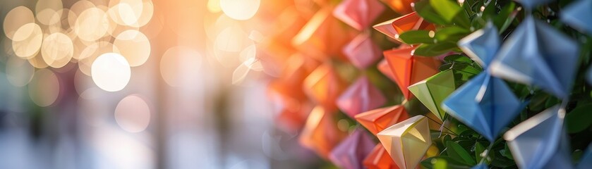 Colorful origami decorations with beautiful light bokeh in the background, creating a festive and artistic ambiance.