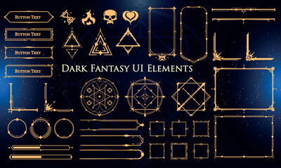 Set of Dark Fantasy Elements for user interface, poster, video. Fantasy magic HUD. Template for rpg game interface. Vector Illustration EPS10