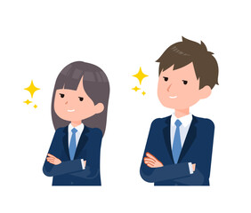 紺色のブレザーを着た学生男女。自信満々なドヤ顔。