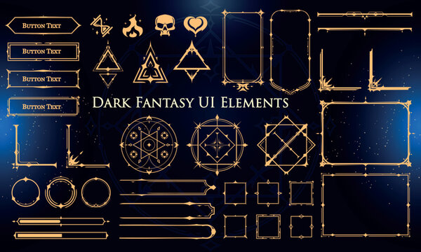 Set of Dark Fantasy Elements for user interface, poster, video. Fantasy magic HUD. Template for rpg game interface. Vector Illustration EPS10