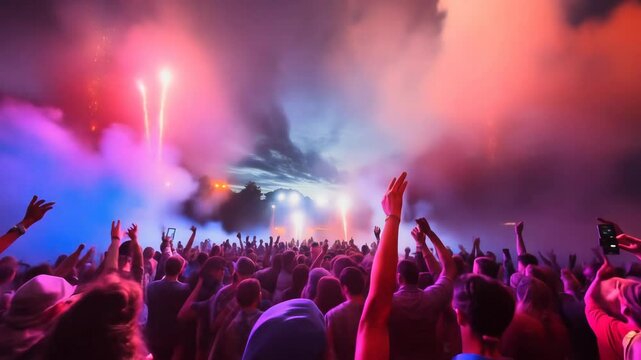 Live concert with bright stage lights and smoke, DJ performing in front of an enthusiastic crowd. Holi festival, Concept: music events, festivals and club culture