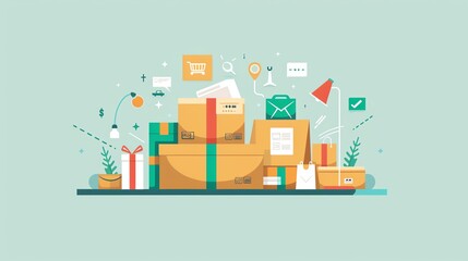 Flat design illustration of multiple cardboard boxes with shipping and delivery icons.
